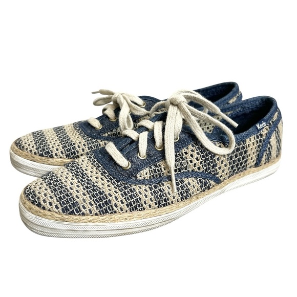 Keds Champion crochet blue beige cotton jute lace up flat sneakers 8 - Picture 2 of 12